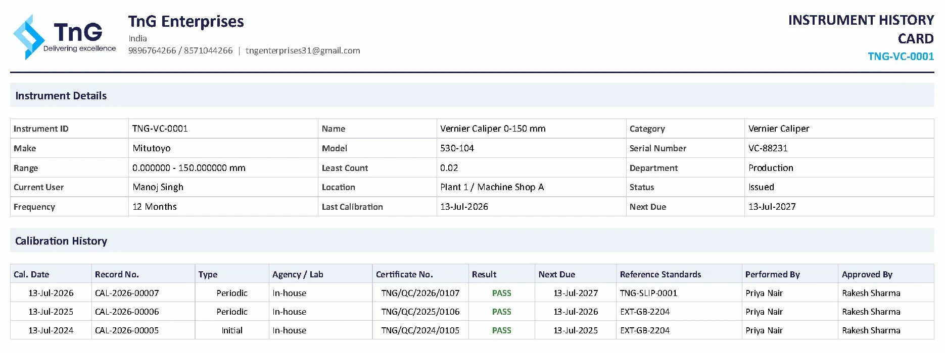 Instrument history card with instrument details and a table of past calibrations, results and next due dates.